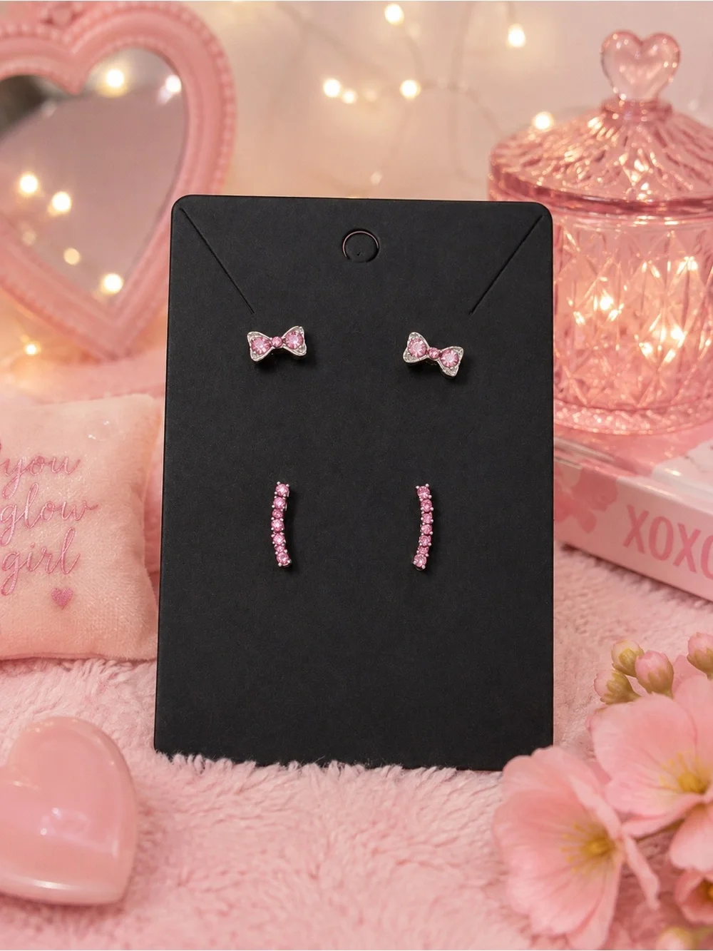 🎀 Pink Rhinestone Bow & Bar Earrings Set of 2 Pairs ✨